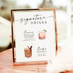 Signature Drinks Sign Template | Signature Cocktail Sign | His and Hers Bar Sign | Minimalist Wedding Bar Menu Sign | Editable Template | M9