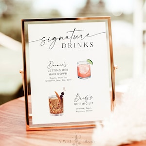 Signature Drinks Sign Template, Signature Cocktail Sign, His and Hers Bar Sign, Minimalist Wedding Bar Menu Sign, Editable Template, M9