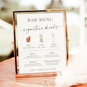 Signature Getränke Schild Vorlage, minimalistisches Hochzeit Bar Menü Poster, Signatur Cocktail Schild, Hochzeit Bar Schild, His + Hers + Ours, M9