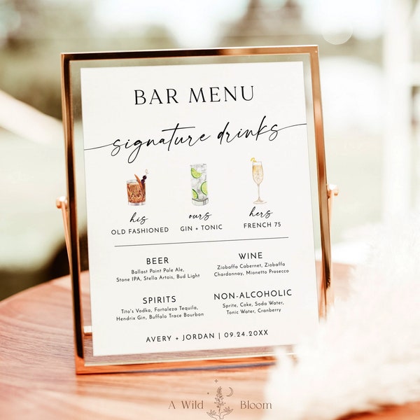 Signature Drinks Sign Template, Minimalist Wedding Bar Menu Poster, Signature Cocktail Sign, Wedding Bar Sign, His + Hers + Ours, M9