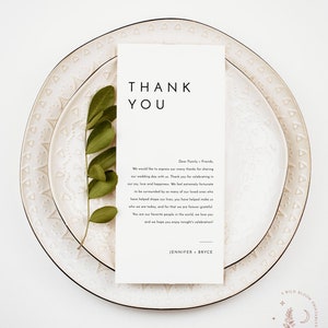 Carta de agradecimiento minimalista, nota de servilleta de boda, tarjeta de agradecimiento del menú de boda moderno, plantilla editable, ajuste de lugar mínimo gracias