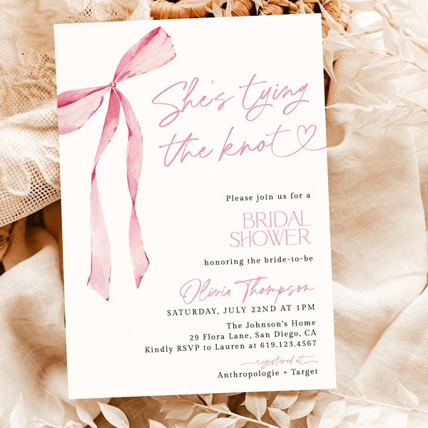 She's Tying the Knot Bridal Shower Invitation Template, Pink Bow Bridal Shower Invite, Pink Ribbon Wedding Shower, Editable Template, B4