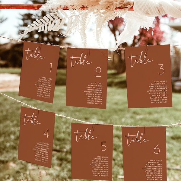 Wedding Sea Chart Cards, Minimalist Wedding Table Seating Chart Cards , Terracotta Seating Cards, Fall Wedding, Editable Template, T2