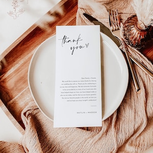 Carta de agradecimiento minimalista, nota de servilleta de boda, menú de boda imprimible gracias, plantilla editable, ajuste de lugar mínimo gracias