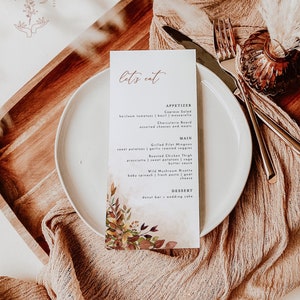 Modèle de menu de mariage automne, menu de mariage automne, menu de nourriture de mariage, menu de mariage rustique, feuilles d'automne rustiques, modèle modifiable F2