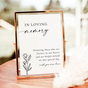 En el signo de la boda de la memoria amorosa, para siempre en el signo de nuestros corazones, monumento conmemorativo de la boda minimalista moderno, signo de la mesa de la memoria, plantilla editable, M9