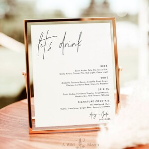 Minimalist Wedding Bar Menu, Wedding Drink Menu Sign, Modern Minimalist Drink Menu Sign, Lets Drink Bar Menu, Editable Template, M7