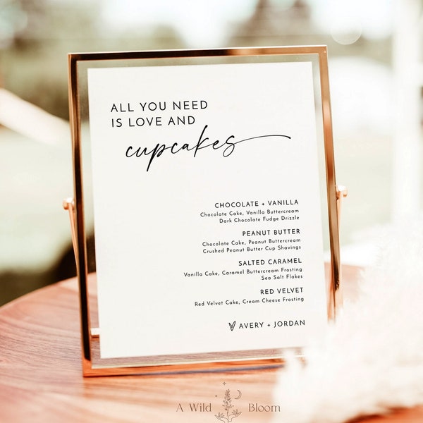 Cupcake Menu Sign, All You Need is Love & Cupcakes, Modern Cupcake Menu, Boho Cupcake Sign, Modern Minimalist Wedding Sign, M9