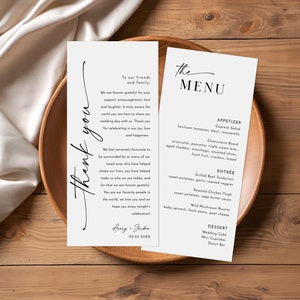 Menu en bedankbrief, trouwmenu bedankt, bruiloft servet opmerking, moderne minimalistische couvert bedankt, bewerkbare sjabloon, M9