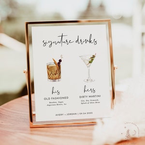 Signature Drinks Sign Template | Signature Cocktail Sign | Minimalist Wedding Bar Menu Sign | His and Hers Bar Sign | Editable Template | M4