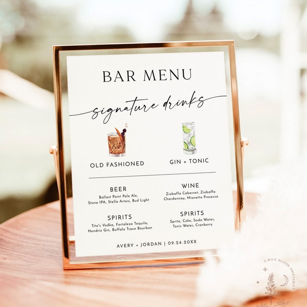 Signature Drinks Sign Template, Minimalist Wedding Bar Menu Poster, Signature Cocktail Sign, His + Hers Bar Sign, Editable Template, M9