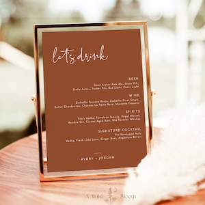 Terracotta-drankmenu, herfstbruiloft-drankmenu, cocktailmenu verbrand oranje, roestwoestijnbruiloft, laten we drinken-menu, bewerkbare sjabloon T2