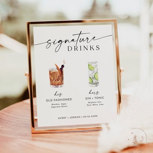 Signature Drinks Sign Template | Signature Cocktail Sign | Minimalist Wedding Bar Menu Sign | His and Hers Bar Sign | Editable Template | M9