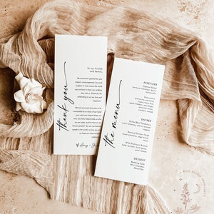 Menú minimalista + plantilla de carta de agradecimiento, menú de boda gracias, nota de servilleta de boda, lugar moderno gracias, M9