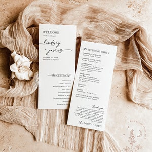 May include: A wedding ceremony program with a simple design. The program includes the wedding party, the ceremony order, and a thank you message from the couple. The text is in black on a white background.
