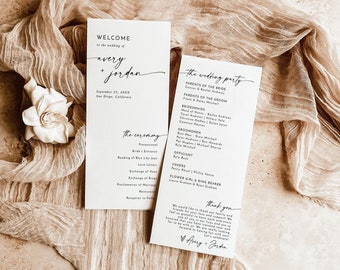 May include: A wedding invitation suite with a white background and black text. The top card says "Welcome to the wedding of Avery + Jordan" and the bottom card lists the wedding party and the ceremony details.