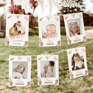First Birthday Photo Banner, First Rodeo Birthday, Monthly Milestone Photo Cards, Cowgirl First Birthday, Editable Template, R3