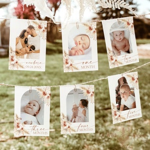 Eerste verjaardag fotobanner, maandelijkse mijlpaal fotokaarten, Boho eerste verjaardag, meisje eerste verjaardag fotobanner, bewerkbare sjabloon A2