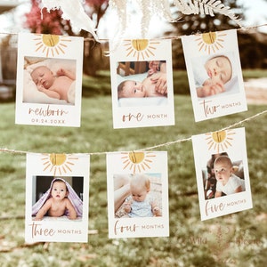 First Birthday Photo Banner, Sunshine Monthly Milestone Photo Cards, Gender Neutral, First Trip Around the Sun Birthday Decor, S2