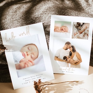 Birth Announcement Card | Photo Baby Announcement Card | Hello World | Modern Minimalist Birth Announcement | Editable Announcement Card