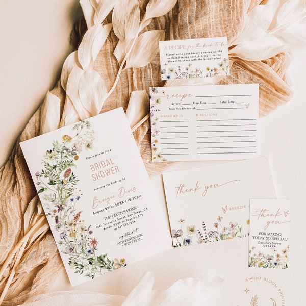 Wildflower Bridal Shower Invite | Boho Bridal Shower Bundle | Recipe Card | Bohemian Bridal Shower | Floral Bridal Shower Invite | W1