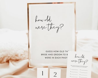 May include: A printable game for a wedding shower or bridal party. The game asks guests to guess how old the bride and groom were in each photo. The game includes a title card, numbered cards, and a game card with spaces to write in the ages.