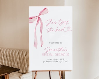 She's Tying the Knot Bridal Shower Welcome Sign, Blush Pink Bow, Instant Download, Editable Template, B4