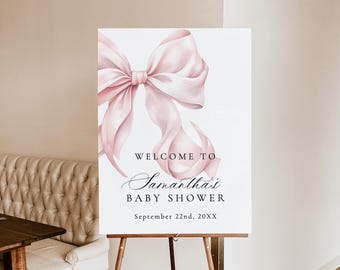 Pink Bow Baby Shower Welcome Sign, Coquette, Instant Download, Editable Template, R4