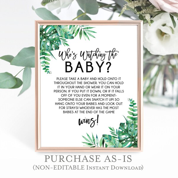 Who's Watching the Baby Game | Funny Baby Shower Game | Fun Baby Shower Game | Tropical Baby Shower Sign | Printable, Instant Download T03