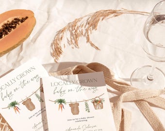 Modèle d'invitation de baby shower cultivé localement, marché de producteurs, non sexiste, garçon bohème, téléchargement immédiat, modèle modifiable, L3