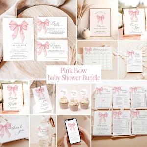 Pink Bow Baby Shower Invitation Bundle, Pastel Pink Baby Shower Invite, Girl Baby Shower, Pink Coquette Bow, Editable Template, B1