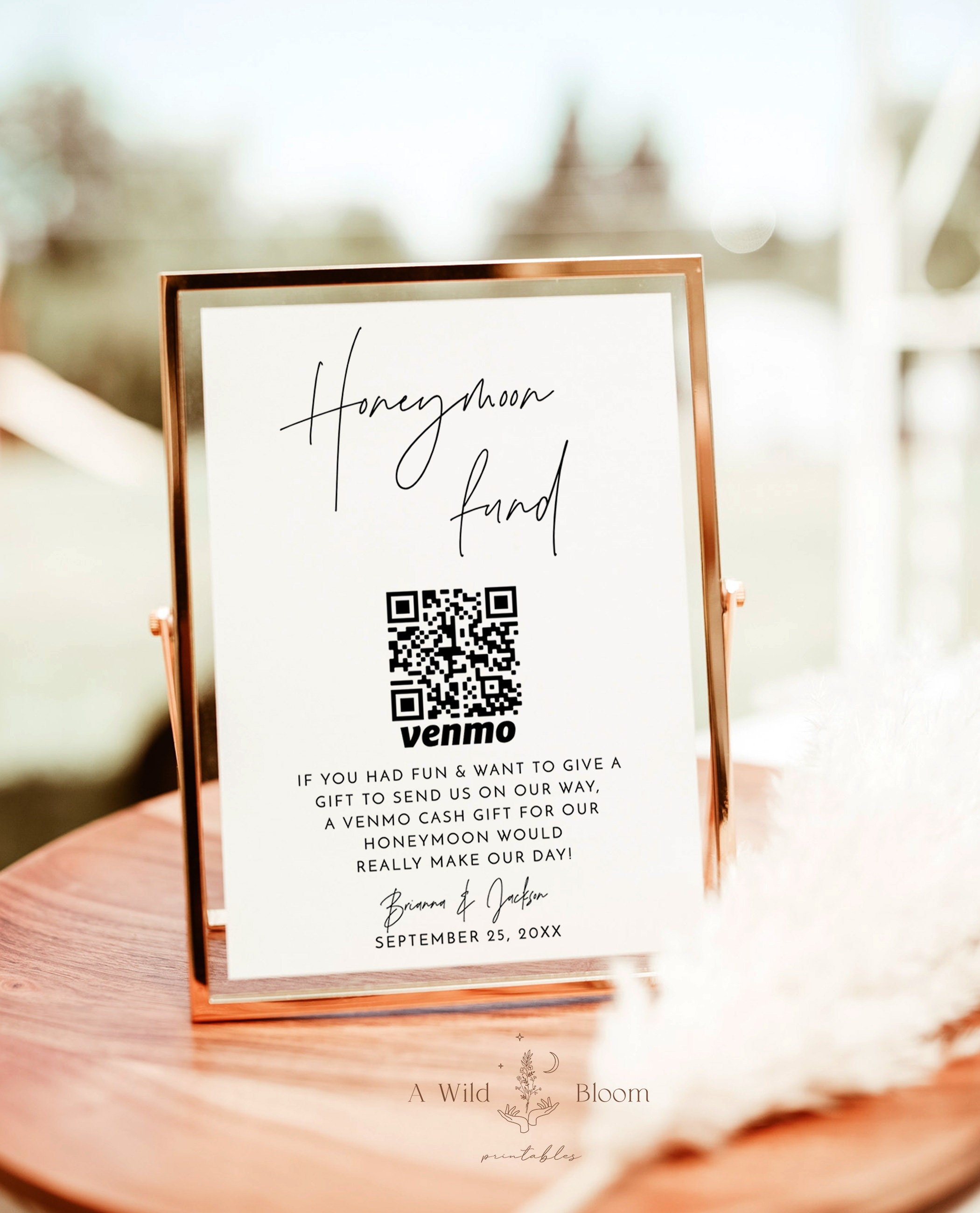 Wedding Honeymoon Fund Sign, QR Code, Venmo Modern, Instant