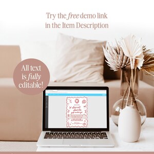 May include: A laptop displays a Secret Santa gift exchange invitation with a red border and festive illustrations. The text "All text is fully editable!" is in a pink circle. The image also includes the text "Try the free demo link in the Item Description."