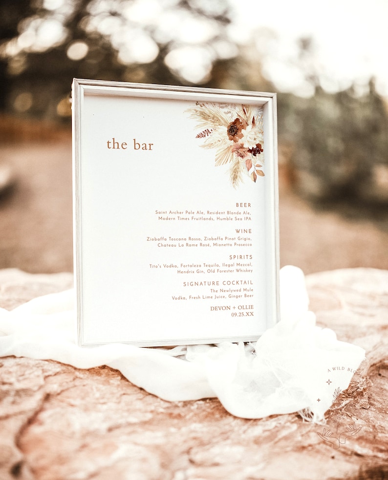 Bohemian Drink Menu Template Pampas Grass Cocktail Menu - Etsy
