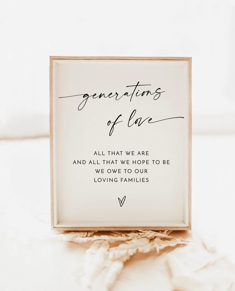 Op de afbeelding: Een ingelijst afdruk met een witte achtergrond en zwarte tekst die "generations of love" en "All that we are and all that we hope to be we owe to our loving families" luidt. Een klein hartje is onderaan de afdruk getekend.