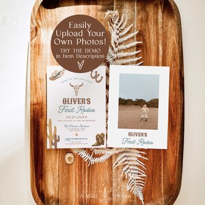 May include: A printable invitation for a child's first rodeo party. The invitation features a cowboy boot, cactus, and a skull with a horseshoe. The text on the invitation reads "Oliver's First Rodeo" and includes the date and time of the event. The invitation also includes a photo of a young boy in a cowboy hat and a blue shirt.