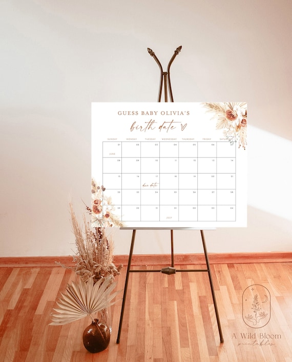 Boho Baby Due Date Calendar Game, Editable Prediction, Girl Shower, Guess Baby's Birth Poster, Instant Download, Editable Template, A2