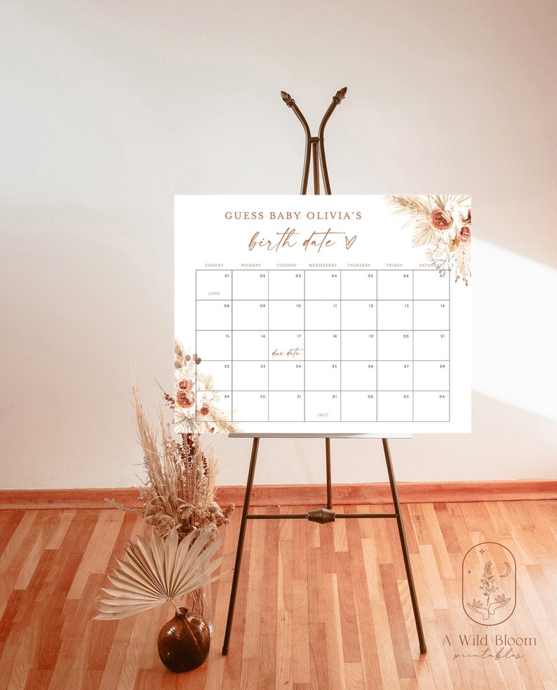 Puede incluir: Un calendario imprimible blanco con un dise&ntilde;o floral y el texto "Adivina la fecha de nacimiento de la beb&eacute; Olivia" en la parte superior. El calendario es para junio de 2023 y tiene un espacio para que los invitados adivinen la fecha de nacimiento del beb&eacute;.