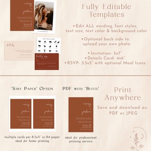 May include: Editable wedding invitation templates with a rustic aesthetic. The templates feature a brown and white color scheme with a handwritten font. The text includes the names "avery + jordan" and the date "august 11, 2023". The templates are available in two sizes: 5x7 inches and 4x6 inches. The templates also include optional meal icons.