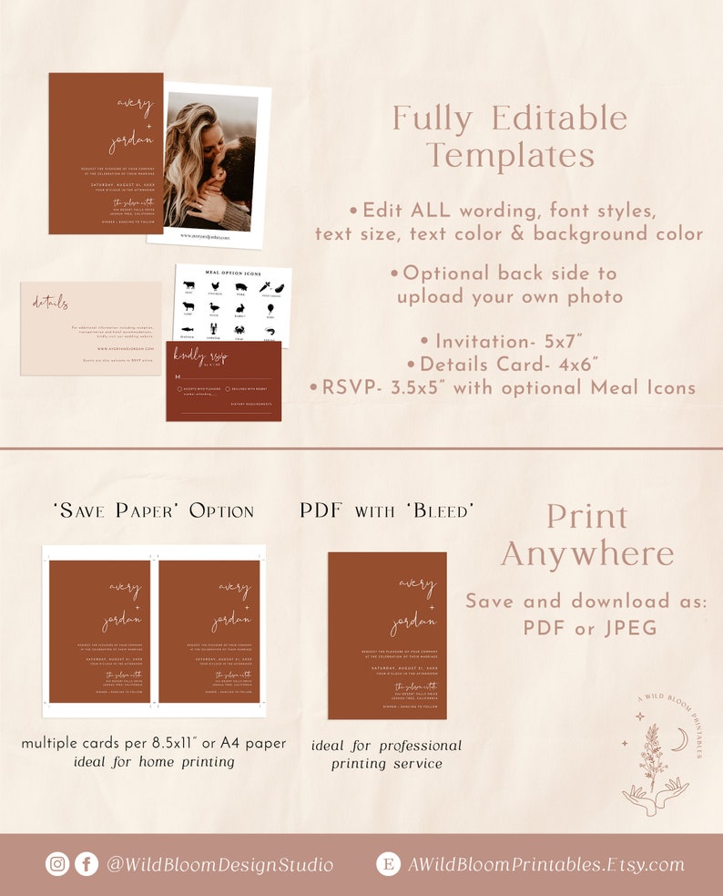May include: Editable wedding invitation templates with a rustic aesthetic. The templates feature a brown and white color scheme with a handwritten font. The text includes the names "avery + jordan" and the date "august 11, 2023". The templates are available in two sizes: 5x7 inches and 4x6 inches. The templates also include optional meal icons.