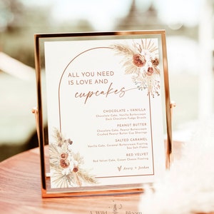 Boho Cupcake Menu Sign, All You Need is Love & Cupcakes, Modern Cupcake Menu, Pampas Grass Cupcake Sign, Modern Wedding Sign, A2