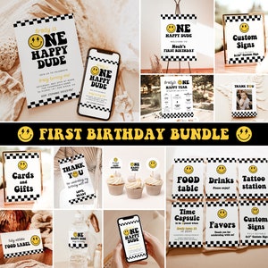 One Happy Dude Birthday Bundle, One Happy Dude, Smile Face First Birthday, One Happy Dude Invitation, Editable Template, S4