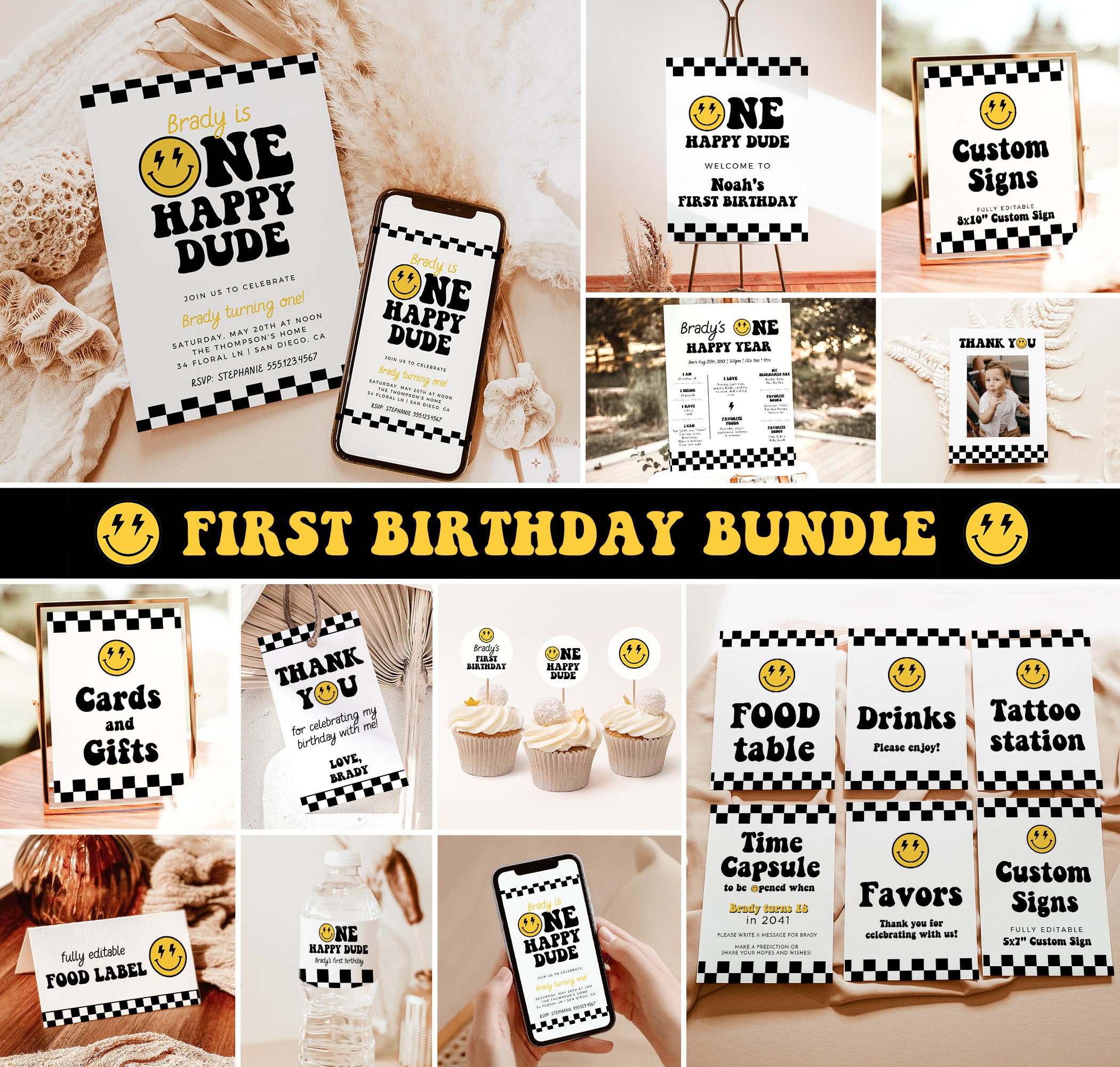 One Happy Dude Birthday Bundle, One Happy Dude, Smile Face First Birthday, One Happy Dude Invitation, Editable Template, S4