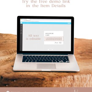 May include: A laptop computer screen displaying a digital mockup of a printable enclosure card. The text on the card reads "Enclosure Card" and includes a sample message. The text "All text is editable" is displayed on the screen.