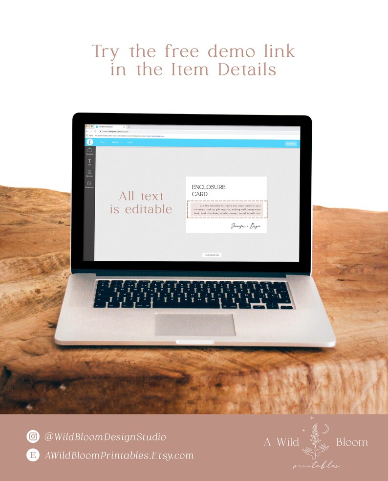 May include: A laptop computer screen displaying a digital mockup of a printable enclosure card. The text on the card reads "Enclosure Card" and includes a sample message. The text "All text is editable" is displayed on the screen.