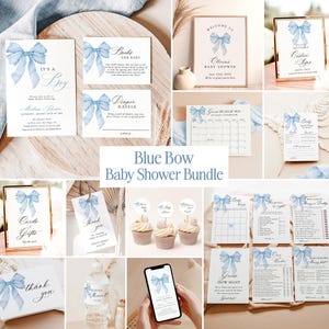 Blue Bow Baby Shower Invitation Bundle, Pastel Blue Baby Shower Invite, Boy Baby Shower, Blue Coquette Bow, Editable Template, B6