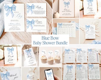 May include: Blue and white baby shower printable bundle with a watercolor blue bow theme. The bundle includes invitations, thank you cards, games, and decorations. The text "It's a Boy" and "Blue Bow Baby Shower Bundle" are included in the image.