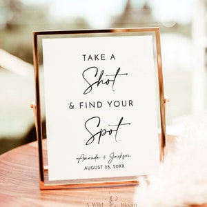 Panneau Take a shot, panneau Take a Shot + Find Your Spot, panneau de place prendre un verre, panneau de mariage minimaliste moderne, modèle modifiable, M5