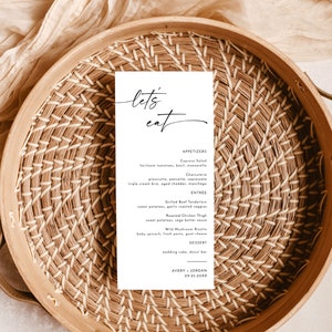 Bruiloftsmenu, bruiloftvoedselmenu, modern bruiloftsdinermenu, eenvoudig trouwmenu, Let's Eat-menu, bewerkbare menukaartsjabloon, M9