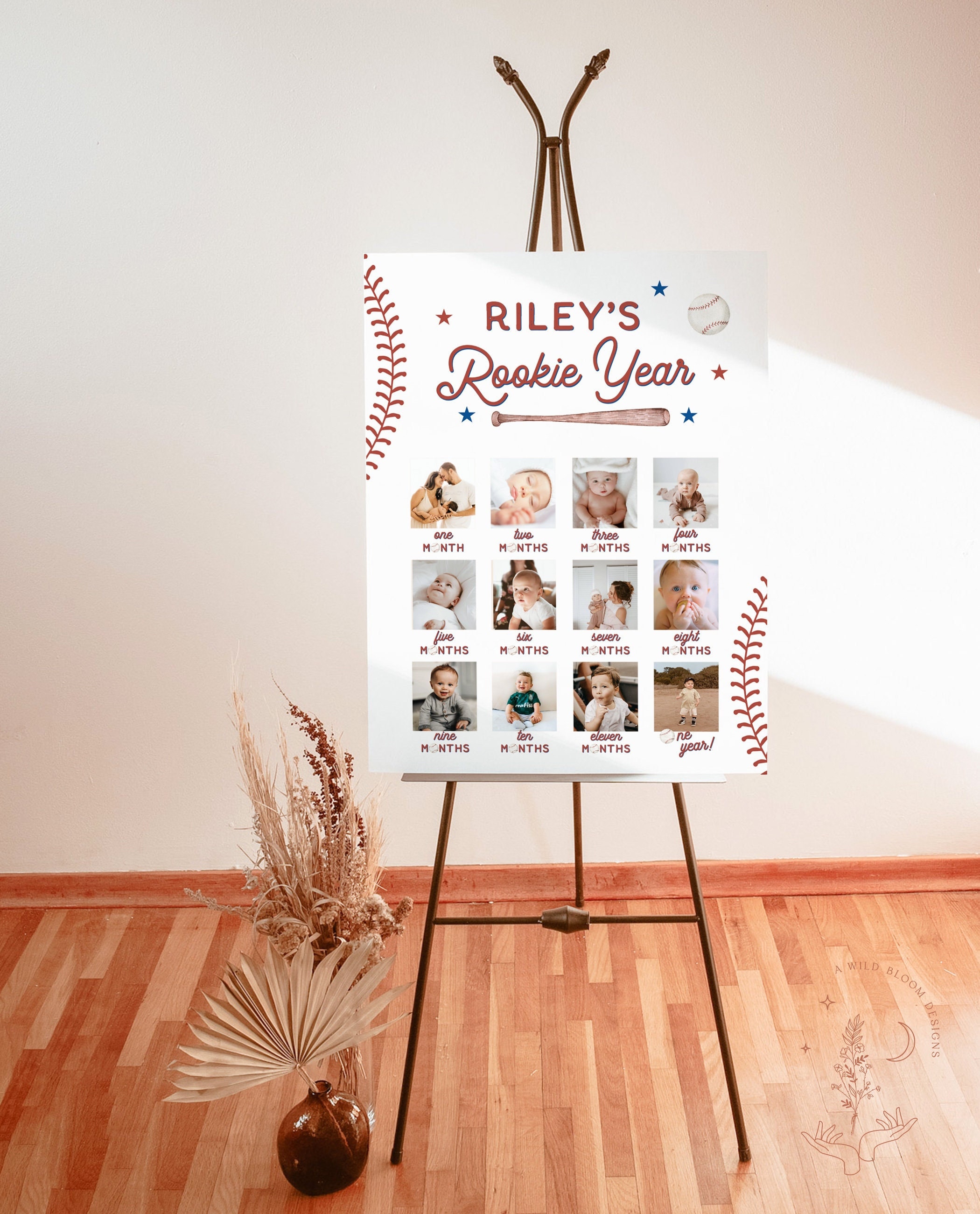 1st Birthday Photo Collage Template, Rookie of the Year Monthly Milestone, Baseball 1st Birthday, Baseball Birthday Photo Banner, R2